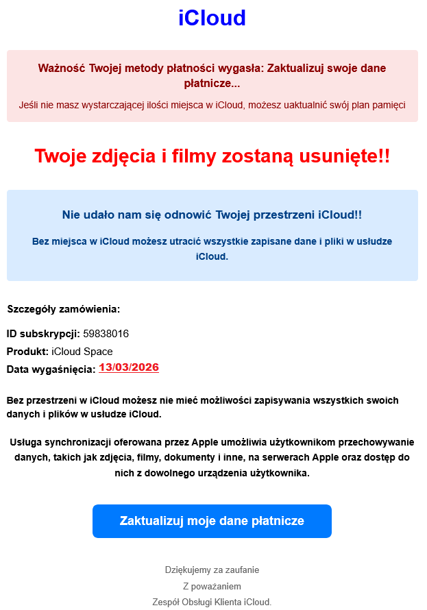 Przykład fałszywej wiadomości email wysyłanej przez przestępców do seniorów